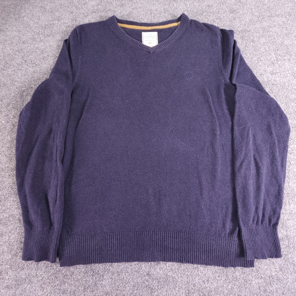Fat Face Sweater Mens Large Navy Blue Pullover Knit Cotton Cashmere Blend V Neck